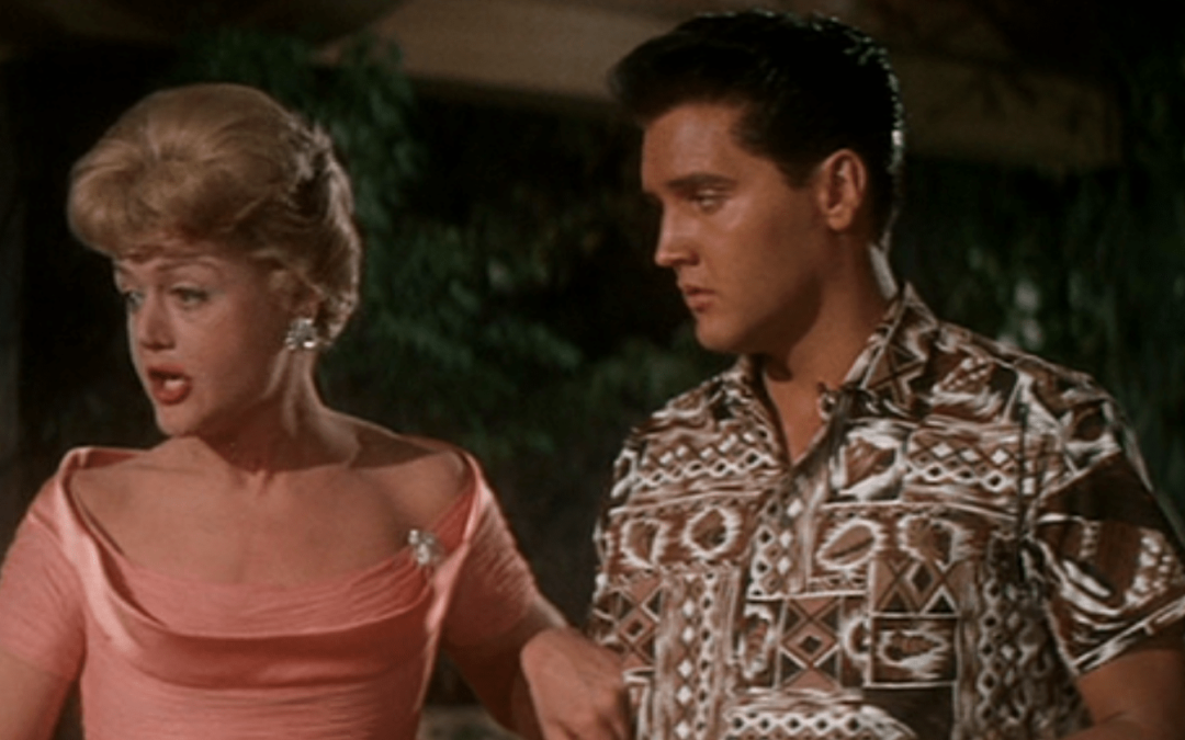 Old publicity photo of Angela Landsbury and Elvis Presley in Blue Hawaii